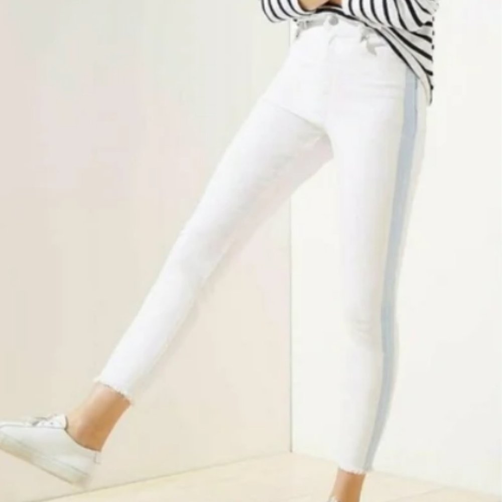 Loft High Waist Skinny Crop Side Stripe White Jeans